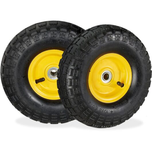 Set of 2 Wheelbarrow Tyres, 4.1/3.5-4, Pneumatic Spare Wheel, 16 mm Axle, max. 136 kg, Steel Rim, Black/Yellow - Relaxdays