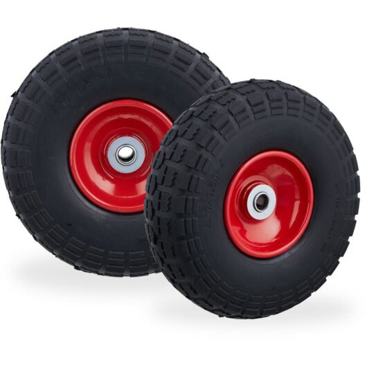 Set of 2 Wheelbarrow Tyres, Puncture-Proof Solid Rubber, 4.1/3.5-4, 16 mm Axle, Spare Wheel, Black/Red - Relaxdays