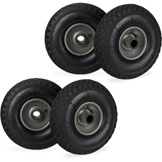 Set of 4 Relaxdays Hand Truck Spare Tyres, 3.00-4, Pneumatic Wheels with Steel Rim, 25 Hub Diameter, Black/Grey