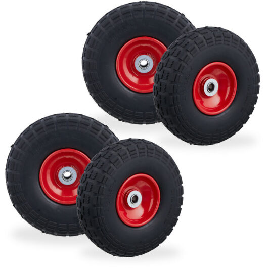 Set of 4 Wheelbarrow Tyres, Puncture-Proof Solid Rubber, 4.1/3.5-4, 16 mm Axle, Spare Wheel, Black/Red - Relaxdays