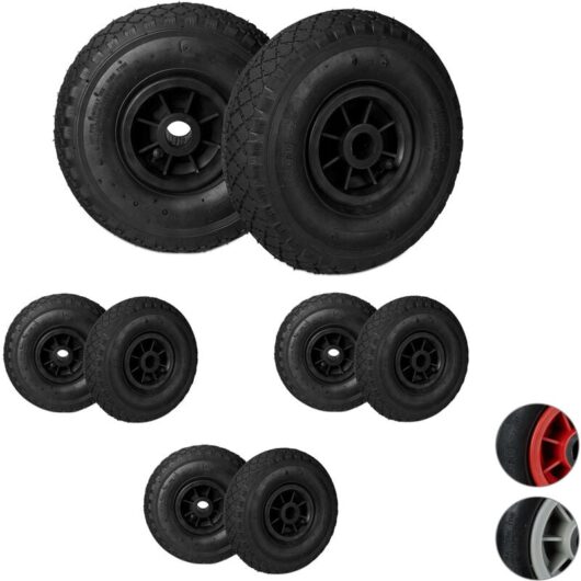 Set of 8 Hand Truck Wheels, 3.00-4, Pneumatic Plastic Rim Tyres, 260 x 85 mm, ⌀ 25 mm Axis, Black - Relaxdays