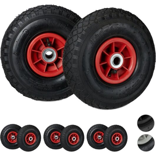 Relaxdays - Set of 8 3.00-4 Hand Truck Spare Tyres Pneumatic, Up to 80 kg, Plastic Rims, 260x85 mm, Black/Red