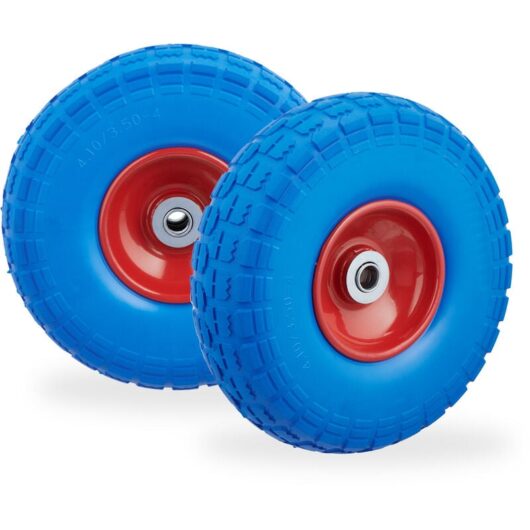 Set of 2 Wheelbarrow Tyres, Puncture-Proof Solid Rubber, 4.1/3.5-4', 16 mm Axle, Spare Wheel, Blue/Red - Relaxdays