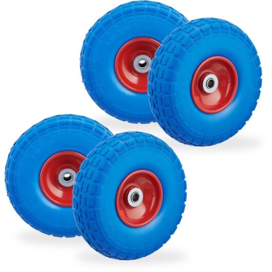 Set of 4 Relaxdays Wheelbarrow Tyres, Puncture-Proof Solid Rubber, 4.1/3.5-4', 16 mm Axle, Spare Wheel, Blue/Red