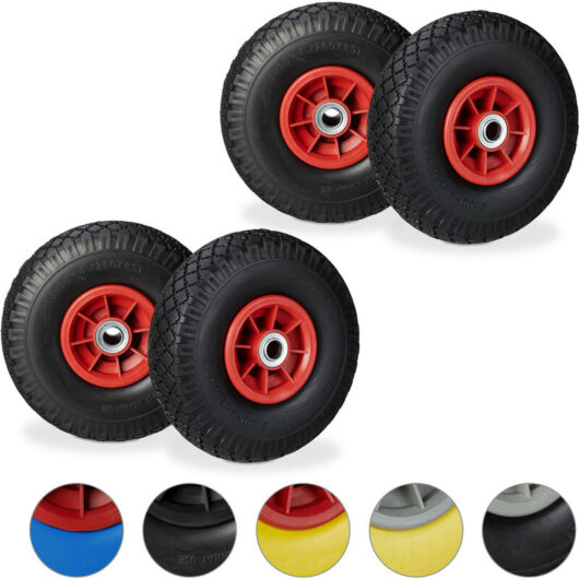 Relaxdays - Set of 4 Hand Truck Tyres, Non-Flat Solid Rubber Wheels, 3.00-4", 20mm Axle, 80 kg, 260 x 85 mm, Black/Red