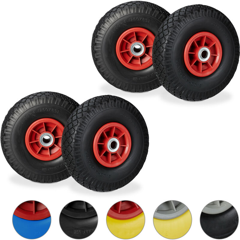 Relaxdays - Set of 4 Hand Truck Tyres, Non-Flat Solid Rubber Wheels, 3.00-4", 20mm Axle, 80 kg, 260 x 85 mm, Black/Red