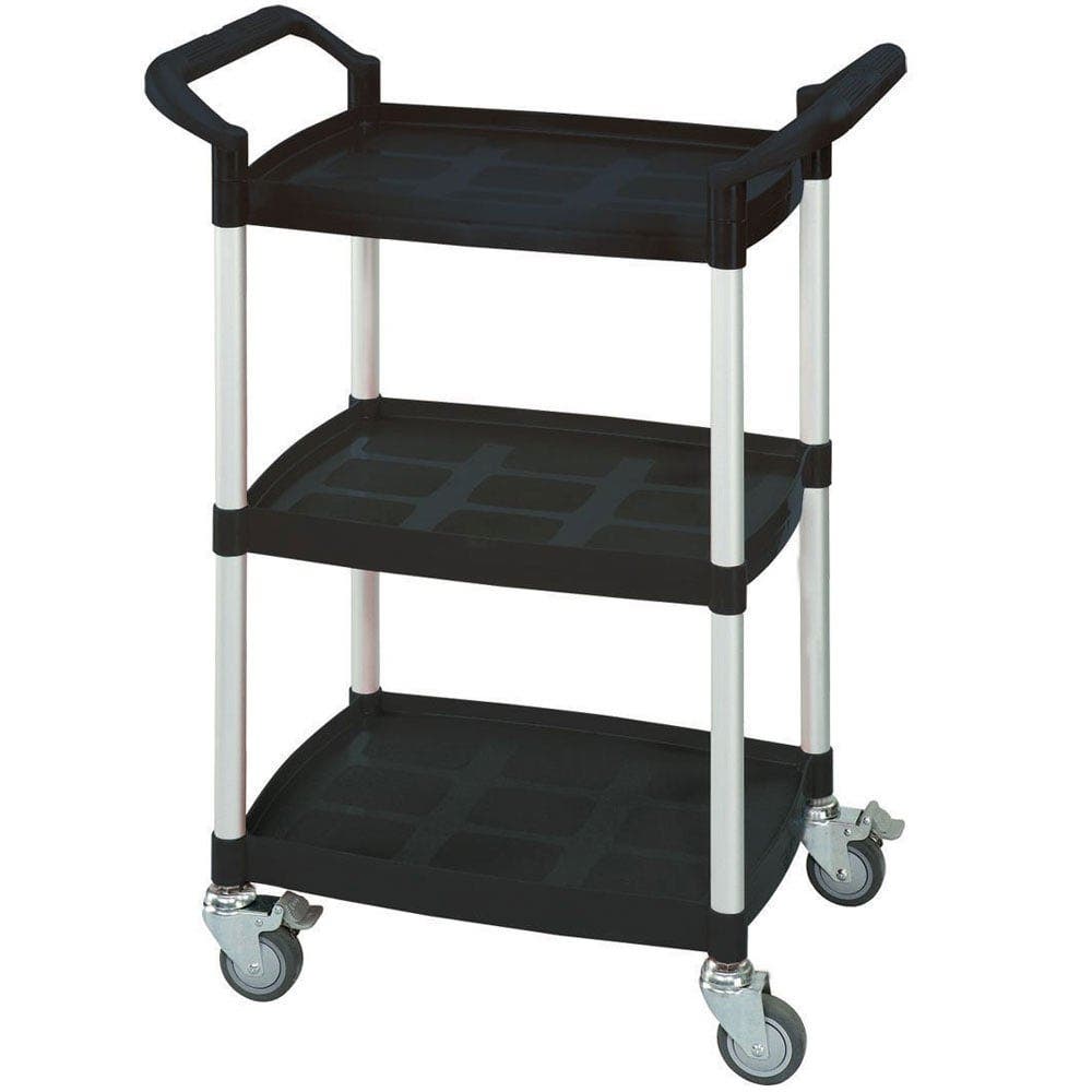 3 Shelf Black Plastic & Aluminium Tray Trolley - 900 x 370 x 655mm - 150kg