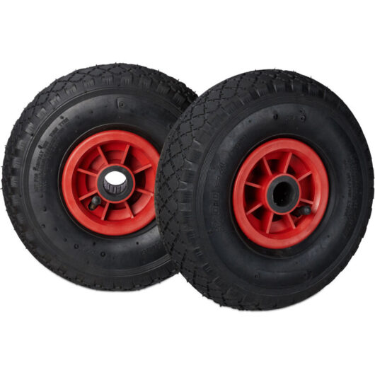 Relaxdays - Set of 4 Hand Truck Wheels, 3.00-4, Pneumatic Plastic Rim Tyres, 260 x 85 mm, ø 25 mm Axis, Black/Red
