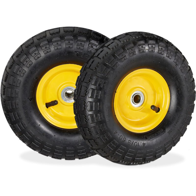 Relaxdays Set of 4 Wheelbarrow Tyres, 4.1/3.5-4, Pneumatic Spare Wheel, 16 mm Axle, Supports up to 136 kg, Black/Yellow