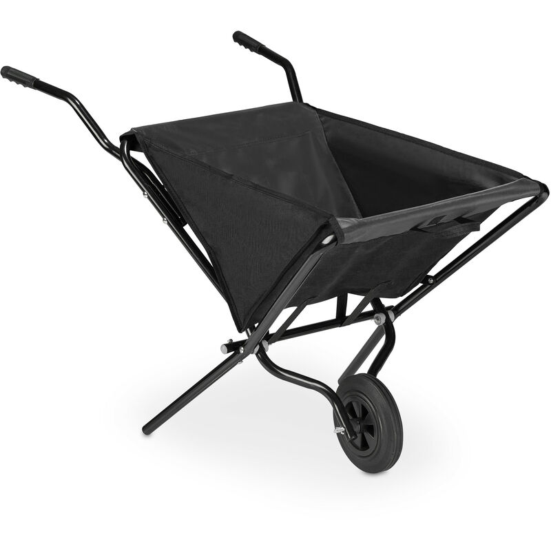 Relaxdays - Folding Wheelbarrow, with Solid Rubber Tyres, Steel & Polyester, 46 l, Folding hwd: 70 x 112 x 67 cm, Black