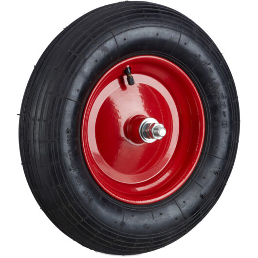 Relaxdays - Set of 4 Wheelbarrow Tyre 4.80 4.00-8, Pneumatic, 120 kg Capacity, Spare Wheel with Axle, Garden, Black/Red