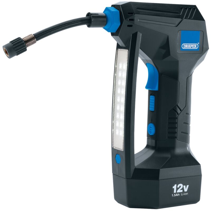 Draper 12V Cordless Portable Air Compressor - Compact, Battery-Powered Tire Inflator for Automotive and Home Use